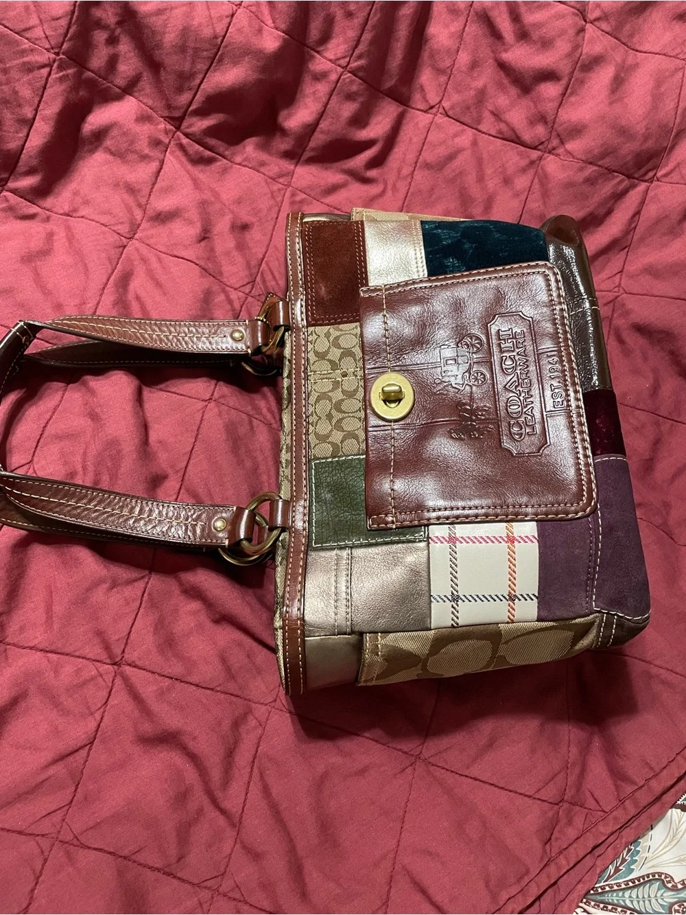Coach Patchwork Shoulder Tote — Brown, Green, Blue, Burgundy, Cream